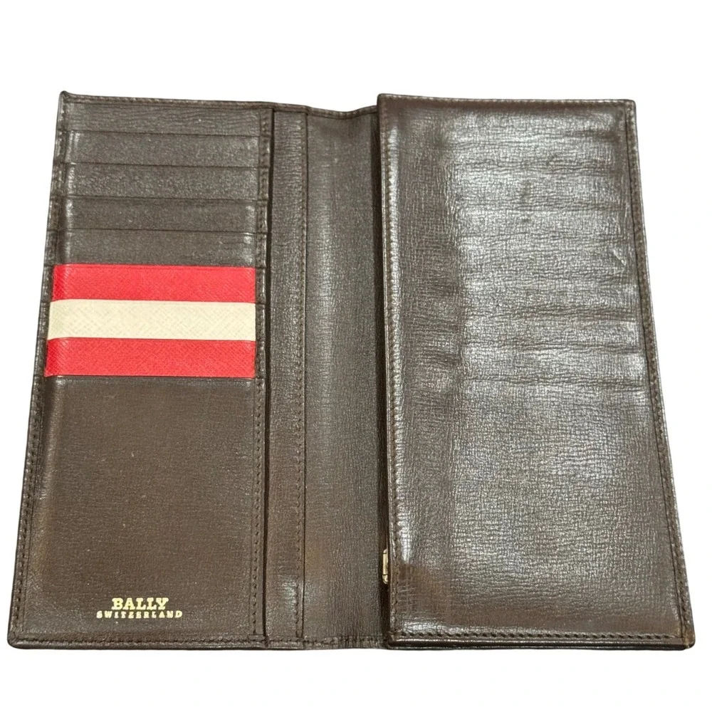 Bally‎ Switzerland Mens Brown Leather Long Bifold Wallet Stripe Detail Vintage